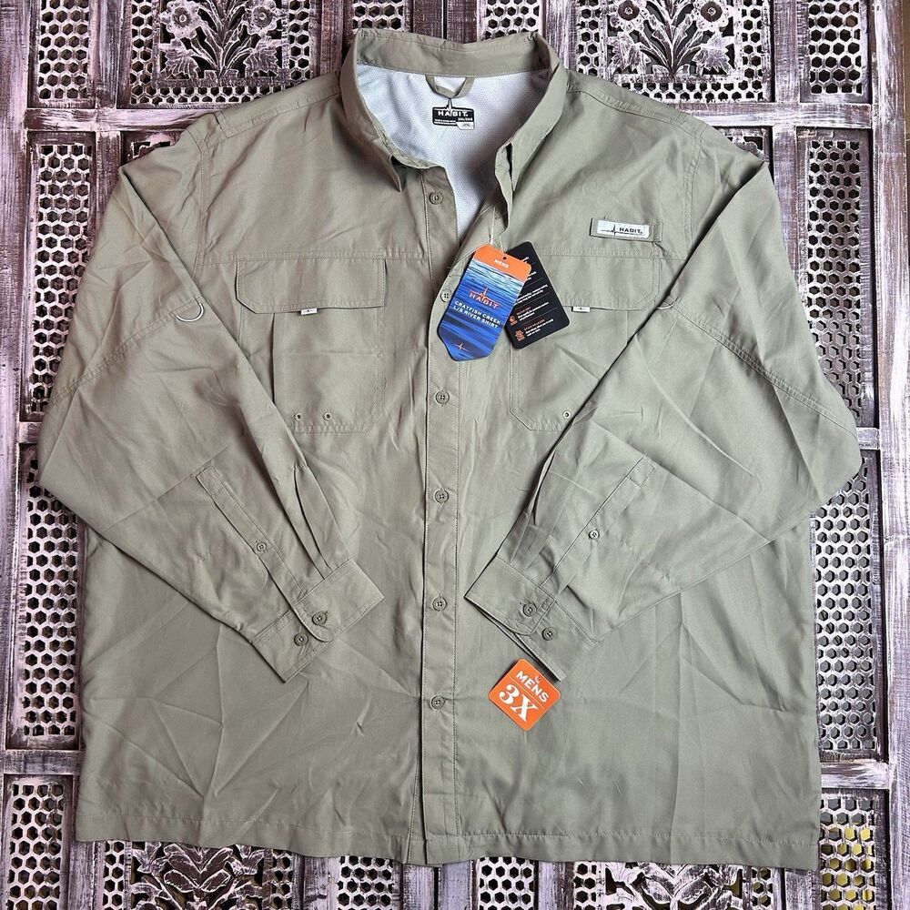 New Habitat 3XL Long Sleeve Fishing Shirt Khaki - Sun Protection in the Outdoors
